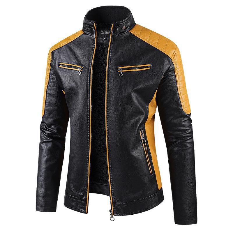 European Size Autumn And Winter Leisure Leather Men’s Coat Fleece-lined - Yellow With Fleece Lining / S