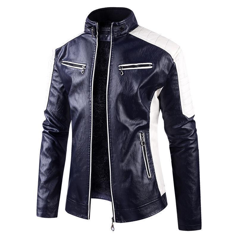 European Size Autumn And Winter Leisure Leather Men’s Coat Fleece-lined - Dark Blue With Velvet / S