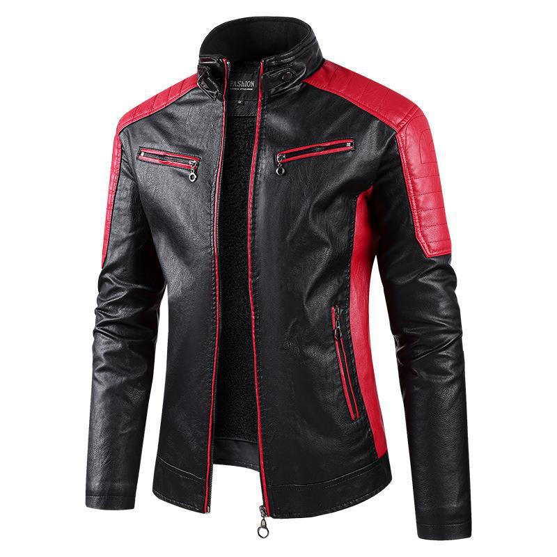 European Size Autumn And Winter Leisure Leather Men’s Coat Fleece-lined - Red With Velvet Lining / S