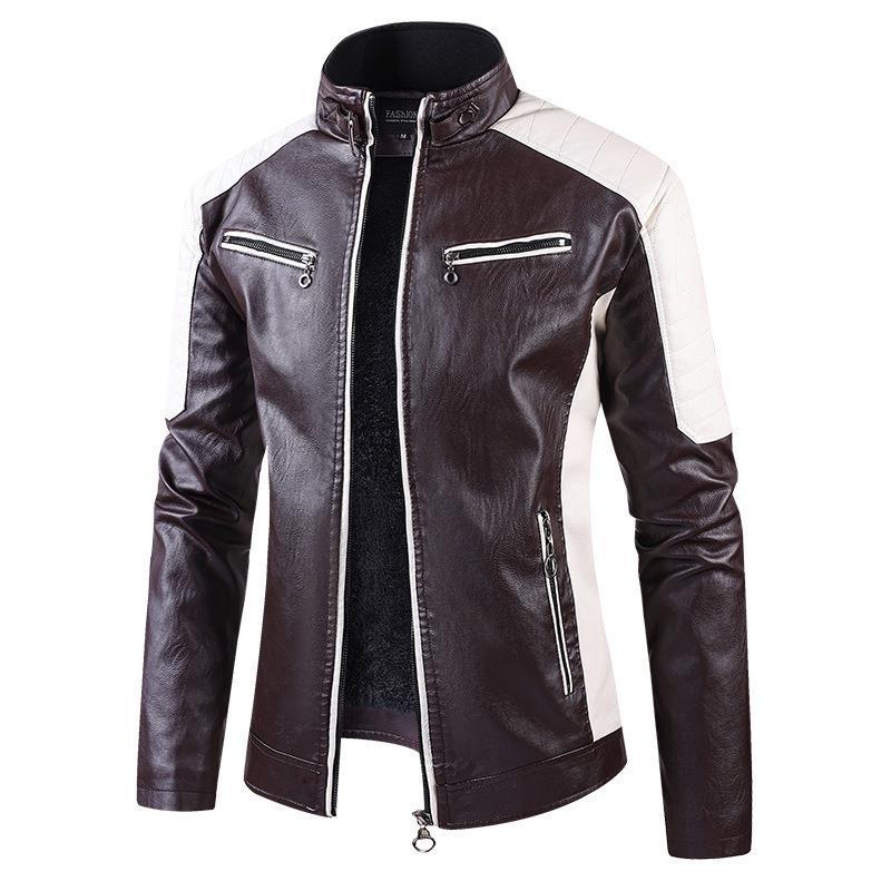 European Size Autumn And Winter Leisure Leather Men’s Coat Fleece-lined - Brown With Velvet / S
