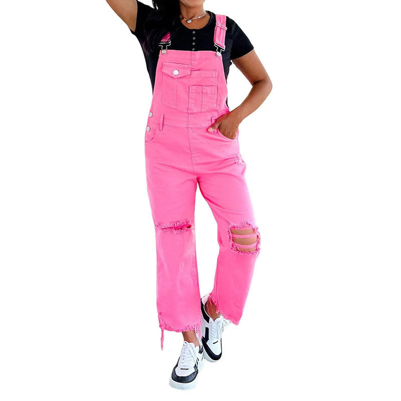 Solid Color Wide Leg Denim Suspender Pants Women Street Ripped Jumpsuit - 4 / Pink