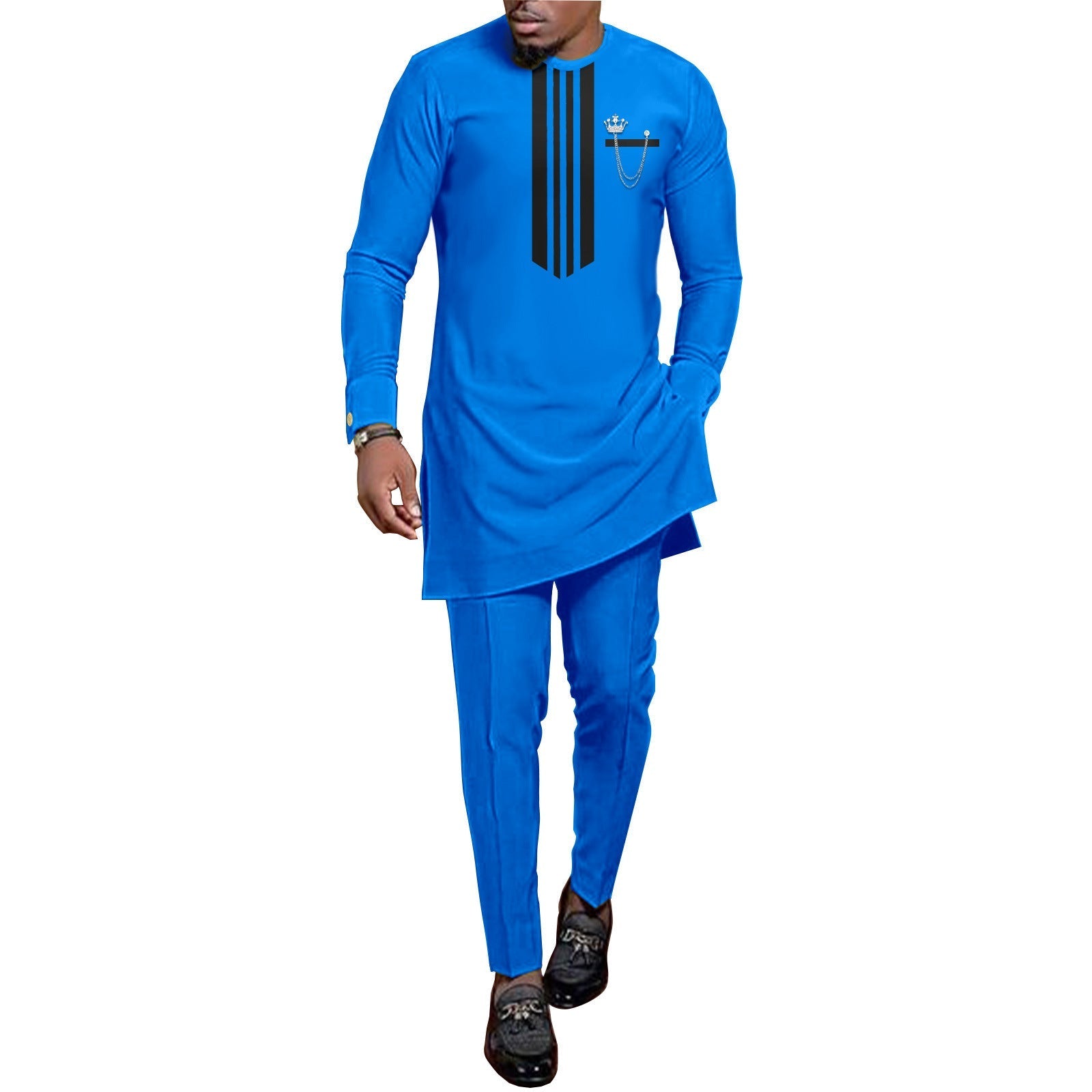 African Ethnic Print Batik Cotton Men’s Leisure Suit - Blue / XS