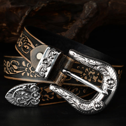 Carved Pin Buckle Leather Belt Head Layer Cowhide Embossed Belt - Black / 105cm