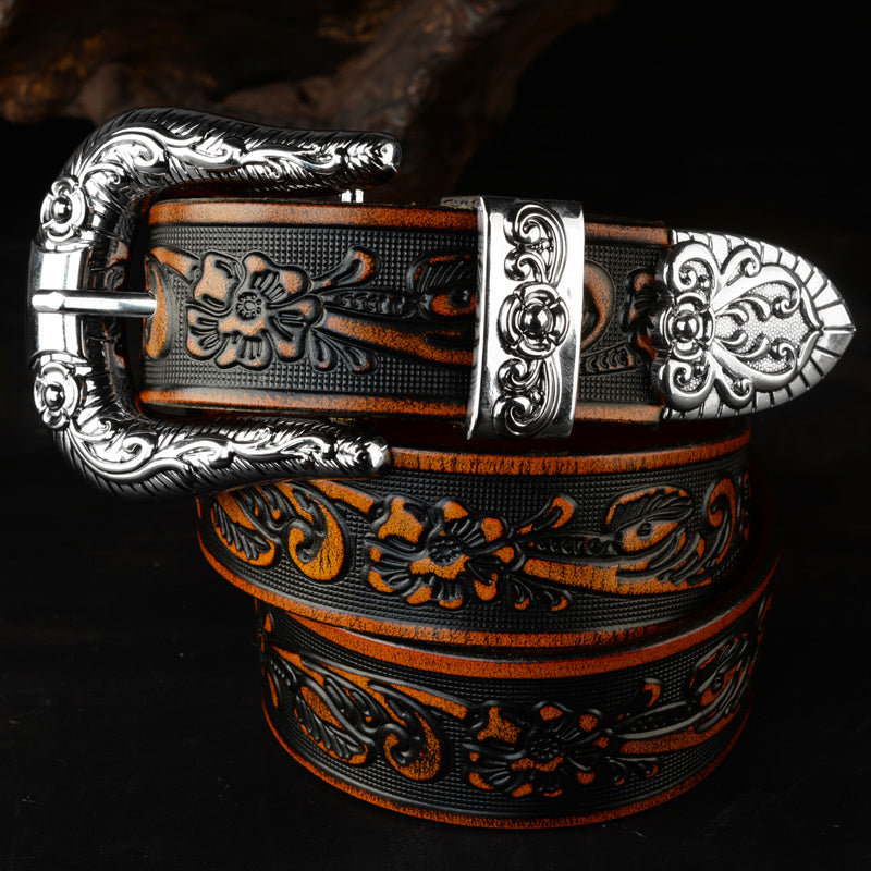 Carved Pin Buckle Leather Belt Head Layer Cowhide Embossed Belt - Camel / 105cm