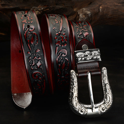 Carved Pin Buckle Leather Belt Head Layer Cowhide Embossed Belt - Wine Red / 105cm