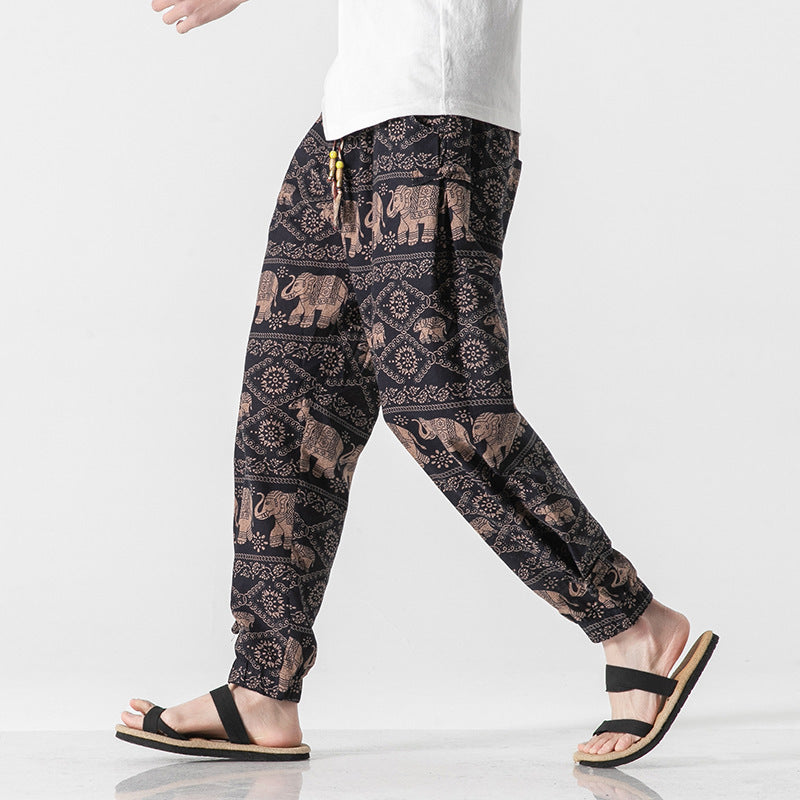 Men’s Beach Pants Retro Buckle Casual Trousers - Coffee Elephant / M