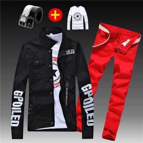 Men’s Polyester Casual Suit - Black 01 Red Pants / S Jacket Pants 27 Yards