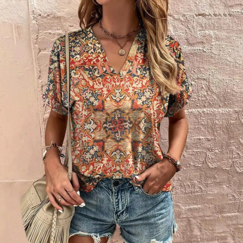 Casual Short Sleeve Pattern Print Loose Fashion Comfortable T-shirt - W2 / S