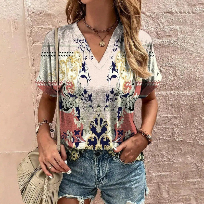 Casual Short Sleeve Pattern Print Loose Fashion Comfortable T-shirt - W3 / S