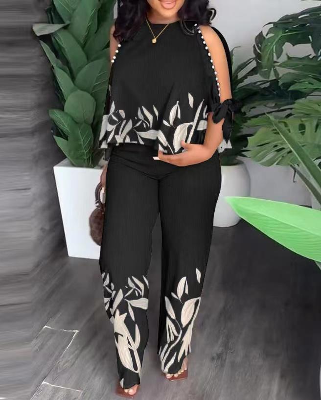 Round Neck Raglan Half Sleeve Beaded Positioning Printed Trousers Suit - Black / L
