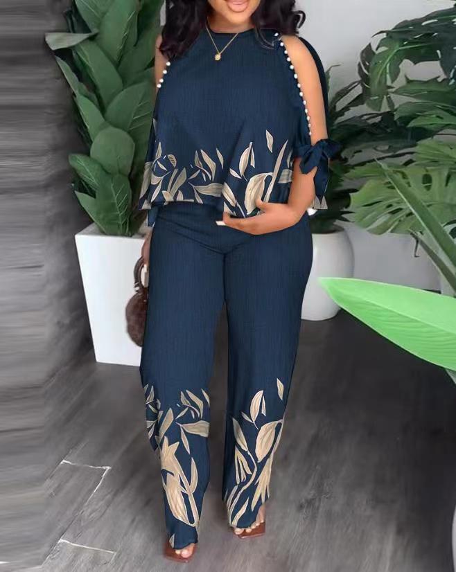 Round Neck Raglan Half Sleeve Beaded Positioning Printed Trousers Suit - Blue / L