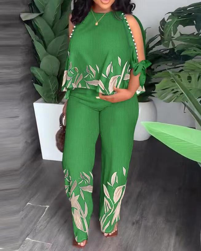 Round Neck Raglan Half Sleeve Beaded Positioning Printed Trousers Suit - Green / L