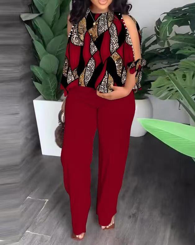 Round Neck Raglan Half Sleeve Beaded Positioning Printed Trousers Suit - Red / L