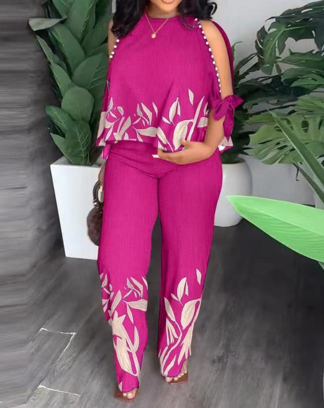 Round Neck Raglan Half Sleeve Beaded Positioning Printed Trousers Suit - Rose Red / L