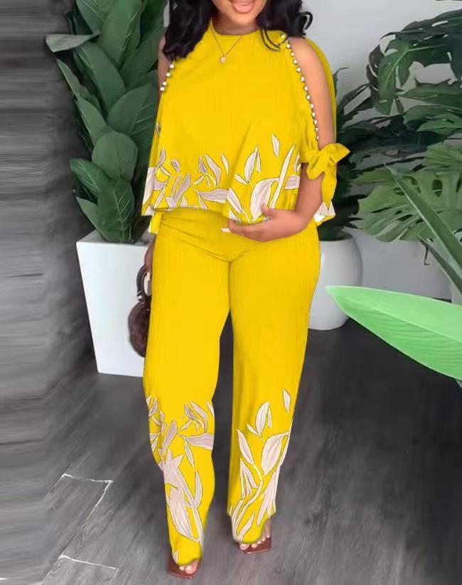 Round Neck Raglan Half Sleeve Beaded Positioning Printed Trousers Suit - Yellow / L
