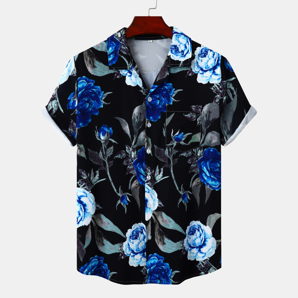 Youth Vacation Casual Beach Style Short Sleeve Men - Black And Blue / S