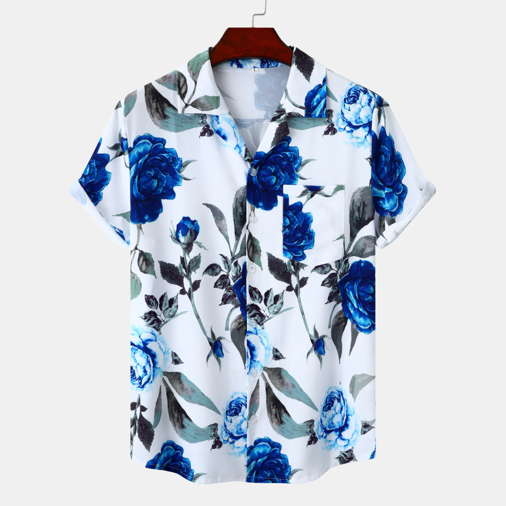 Youth Vacation Casual Beach Style Short Sleeve Men - White And Blue / S