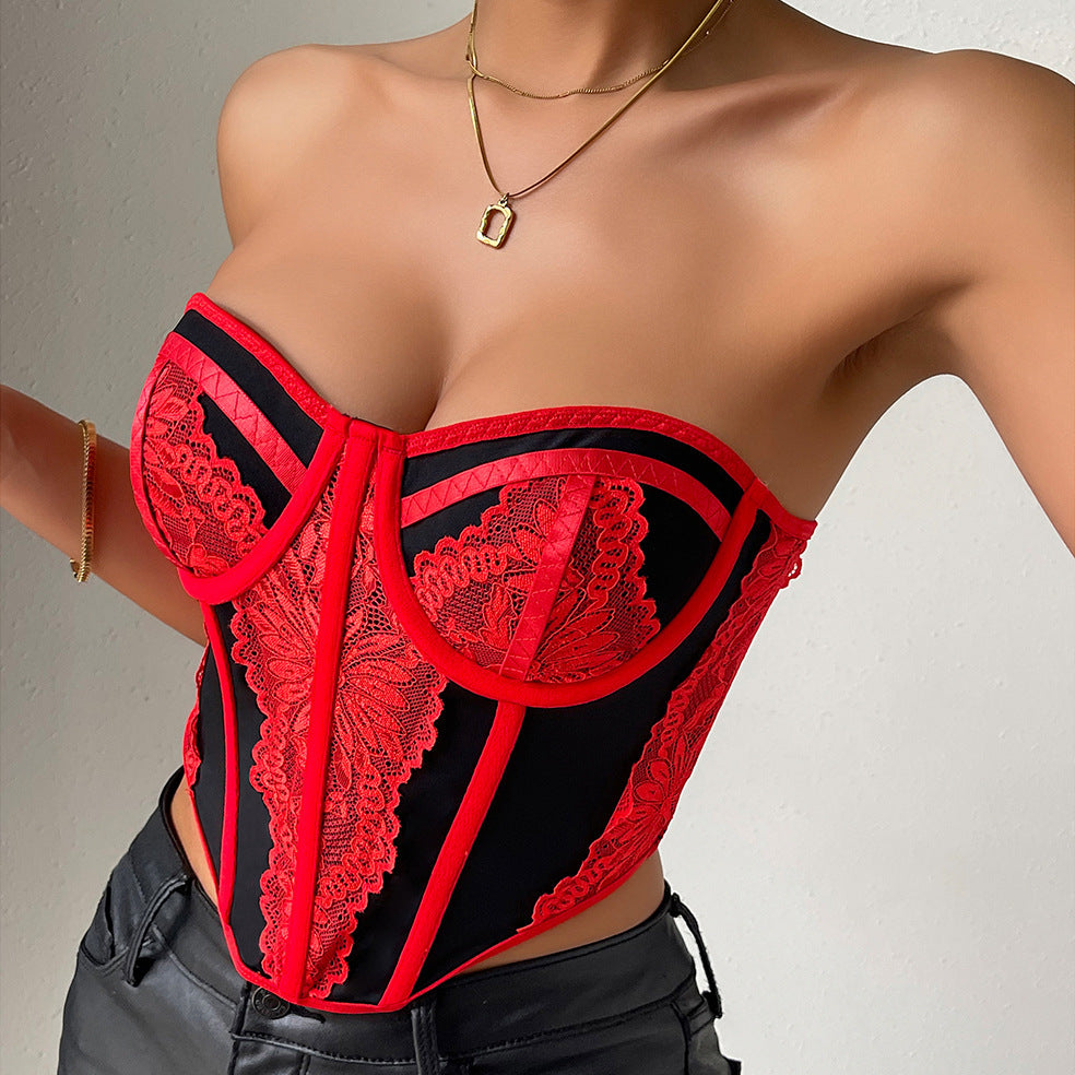 Low-cut Color Matching Wrapped Chest Lace Steel Ring Fishbone Top - Black And Red / XS
