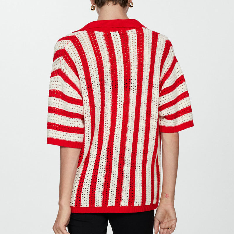 Women’s Knitted Sweater Shirt Contrast Color Design Sense