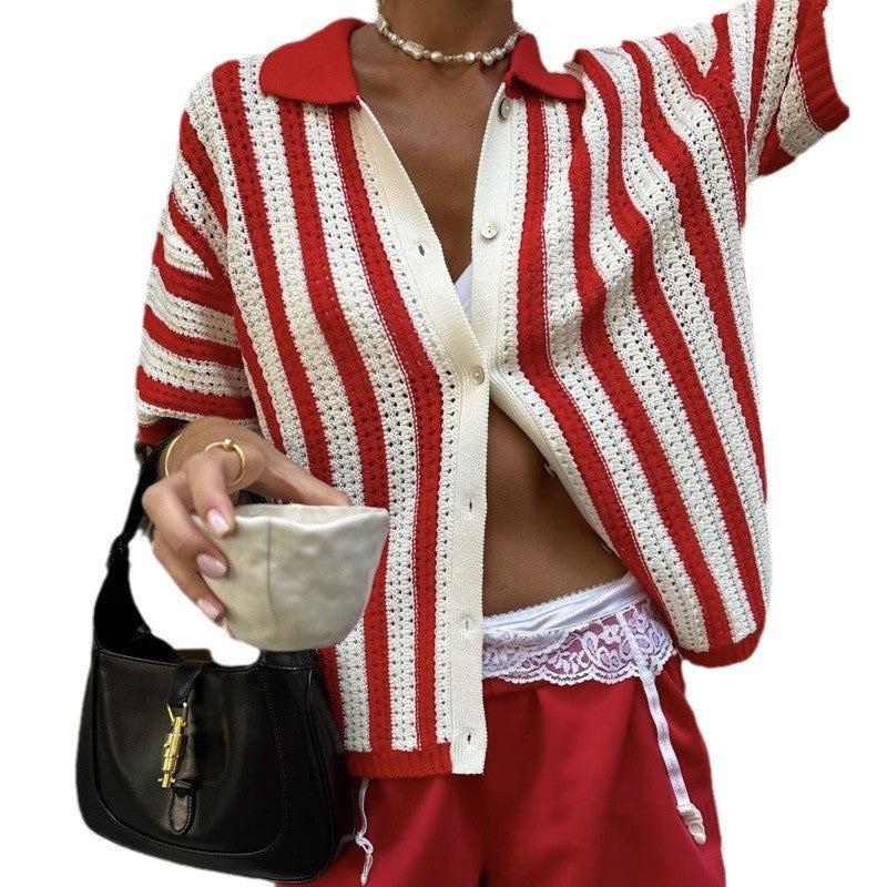 Women’s Knitted Sweater Shirt Contrast Color Design Sense