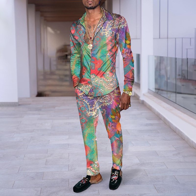 Hip Hop Hong Kong Style Fashion 3D Printing Casual Long Sleeve Shirt Suit - Color / M