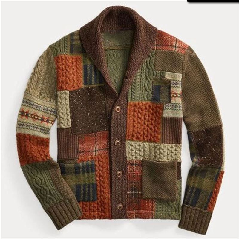 Patch Color Matching Sweater Casual Cardigan Coat - Picture Color / M