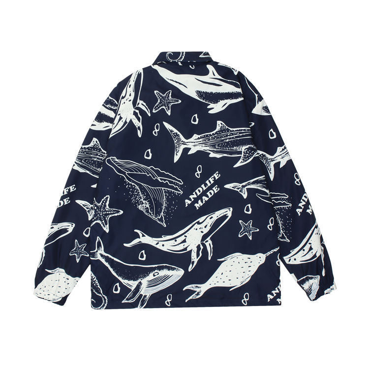 Cartoon Whale Full Print Loose Lapel Jacket Men