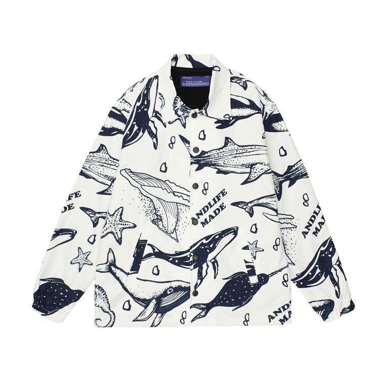 Cartoon Whale Full Print Loose Lapel Jacket Men