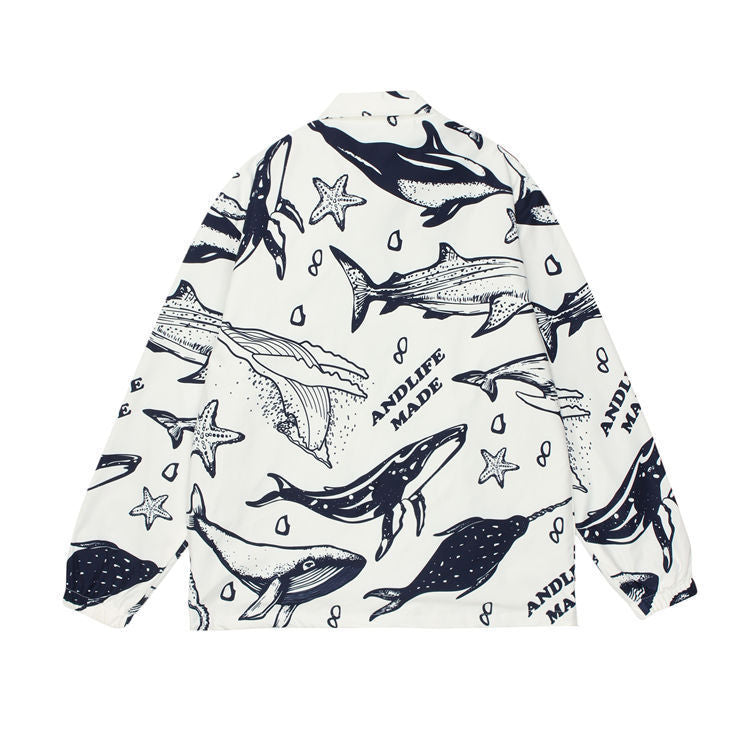 Cartoon Whale Full Print Loose Lapel Jacket Men