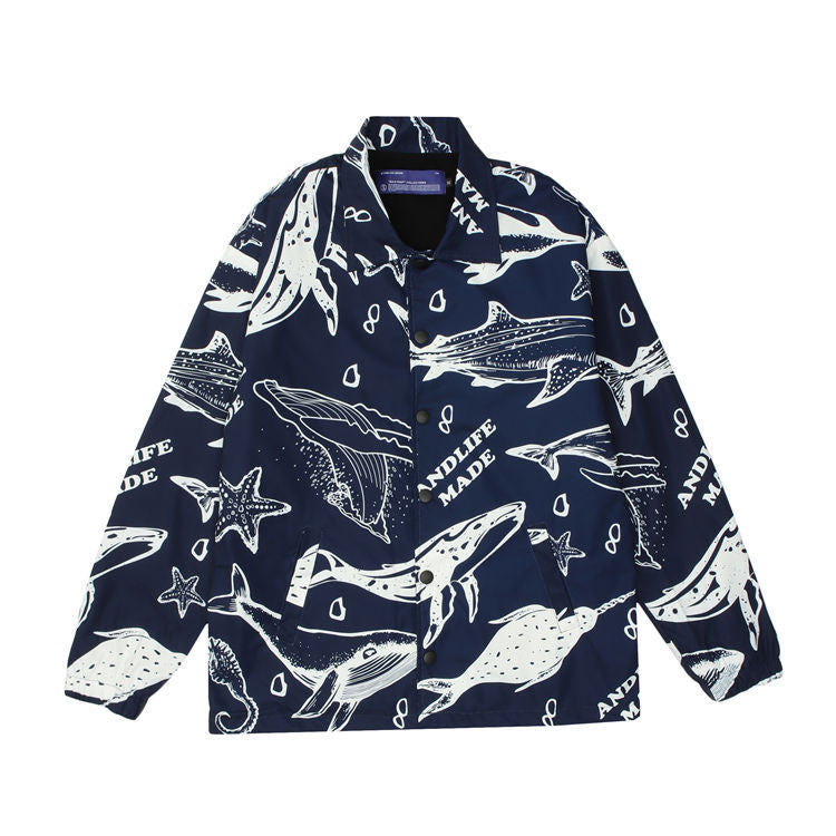 Cartoon Whale Full Print Loose Lapel Jacket Men - Blue / M