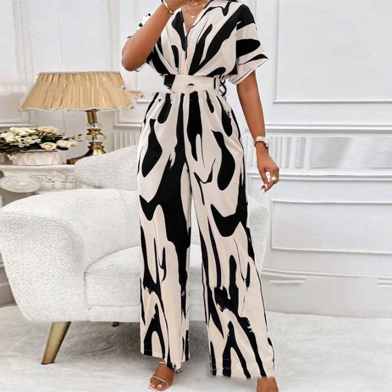 V-neck Loose Printed Long Jumpsuit - S / Black And White
