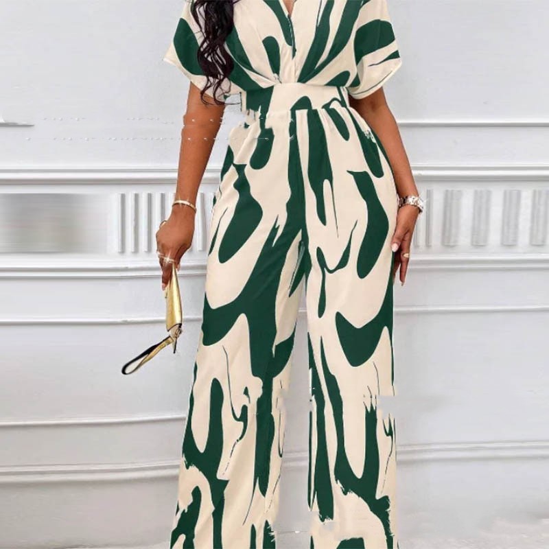 V-neck Loose Printed Long Jumpsuit - S / Green