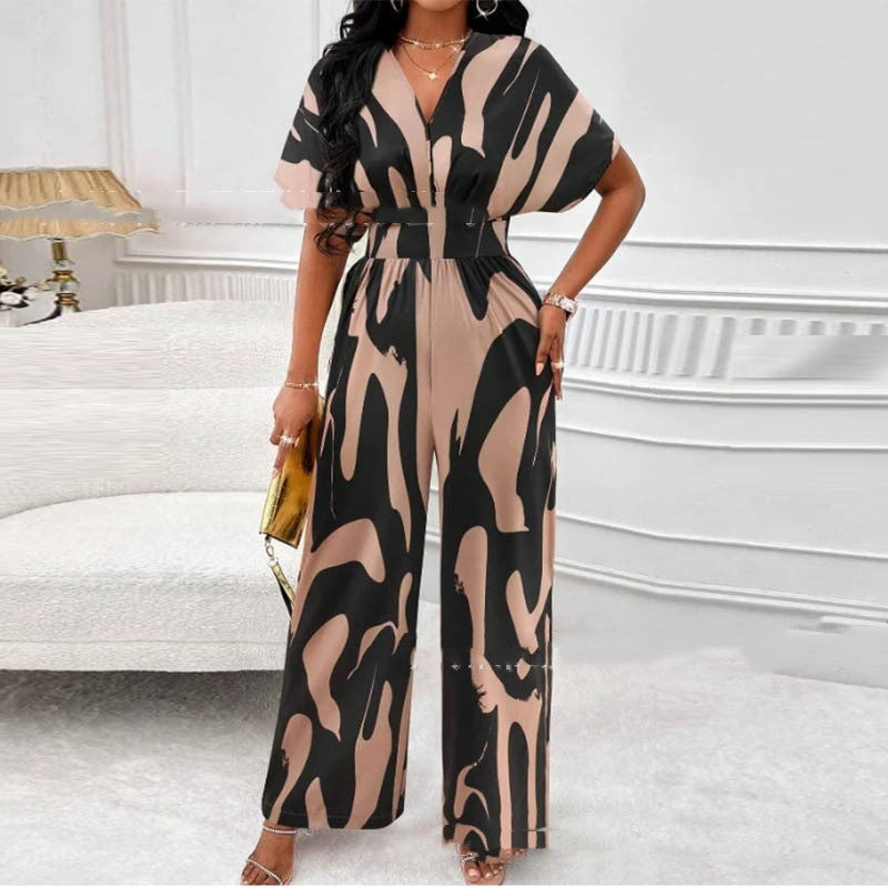 V-neck Loose Printed Long Jumpsuit - S / Khaki