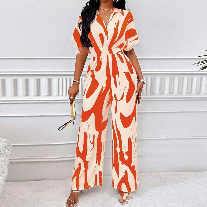 V-neck Loose Printed Long Jumpsuit - S / Red