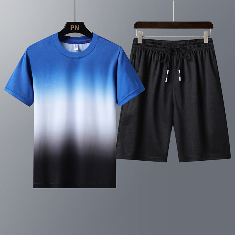 Sports Suit Men’S Round Neck Gradient Short-Sleeved Shorts Quick-Drying Running Casual Two-Piece Suit