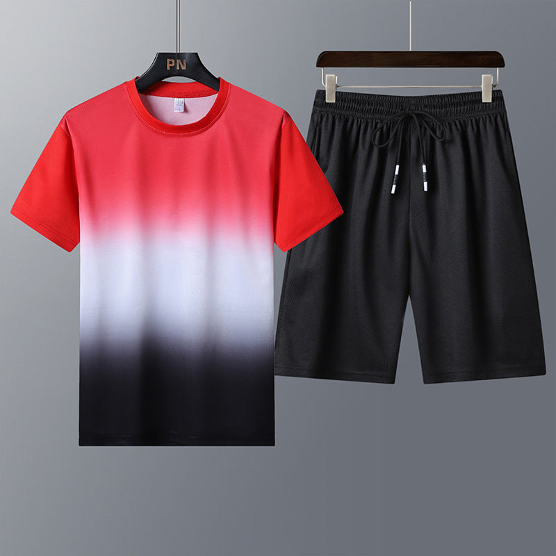 Sports Suit Men’S Round Neck Gradient Short-Sleeved Shorts Quick-Drying Running Casual Two-Piece Suit - Red / M