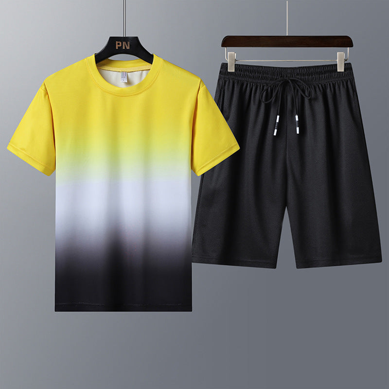 Sports Suit Men’S Round Neck Gradient Short-Sleeved Shorts Quick-Drying Running Casual Two-Piece Suit - Yellow / M