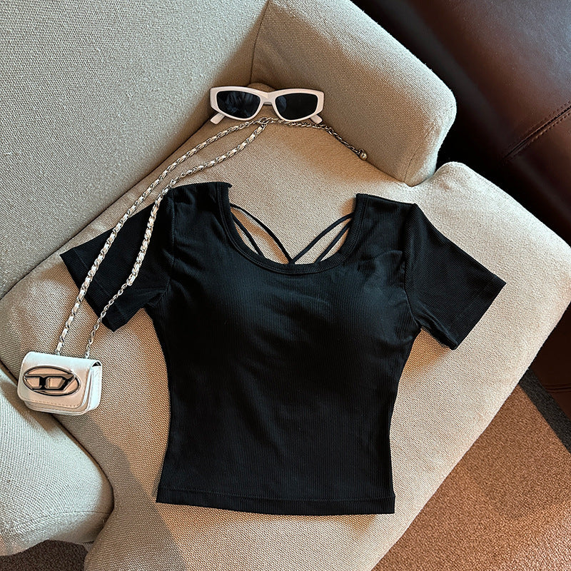Chest Pad Pure Desire Wind Back Hollow Design T-shirt - Black / Free Size