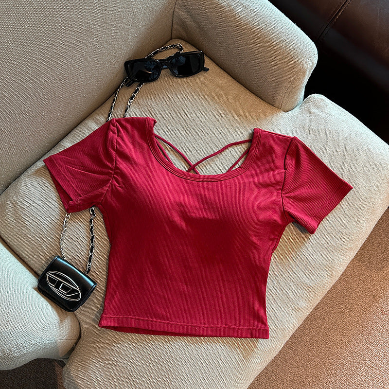 Chest Pad Pure Desire Wind Back Hollow Design T-shirt - Red / Free Size