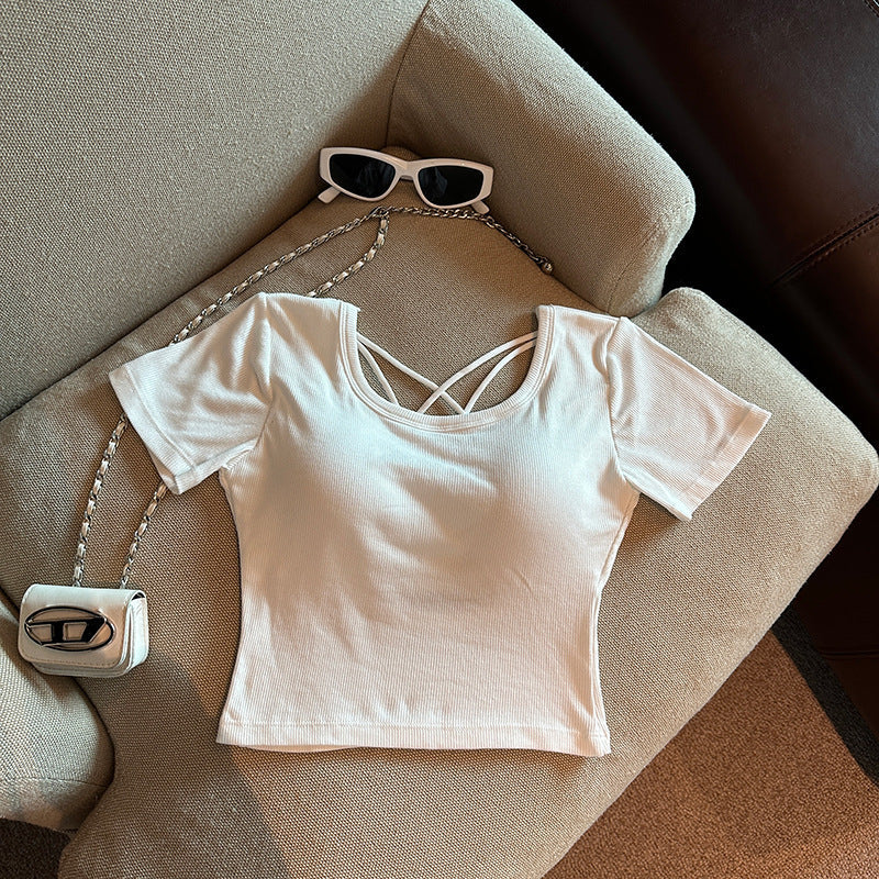 Chest Pad Pure Desire Wind Back Hollow Design T-shirt - White / Free Size