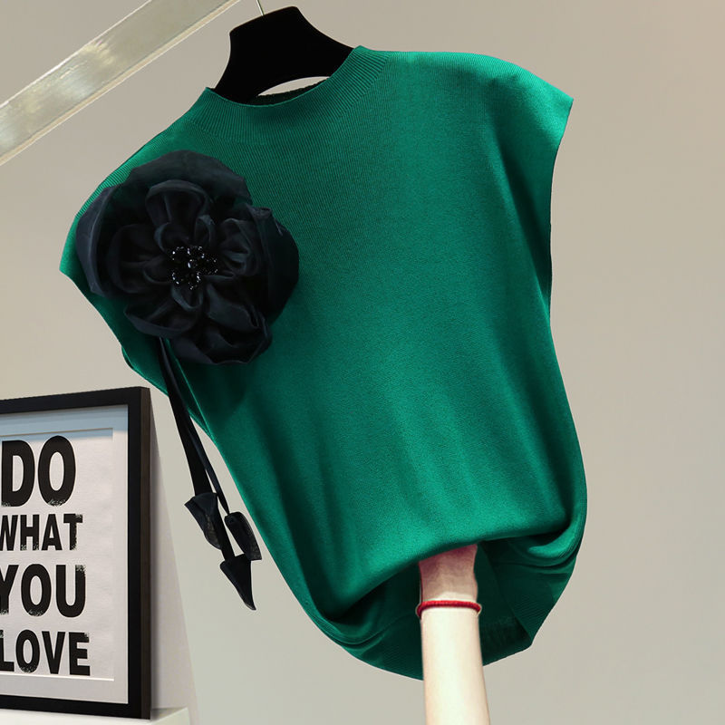 Exquisite Flowers Beaded Sleeveless T-shirt - Green / S