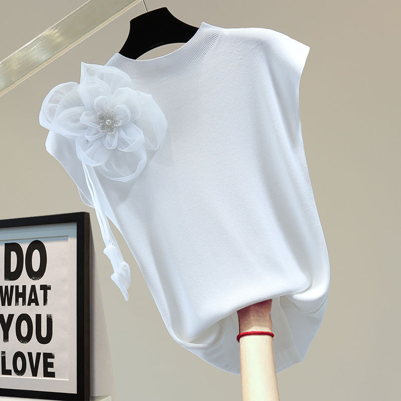Exquisite Flowers Beaded Sleeveless T-shirt - White / S