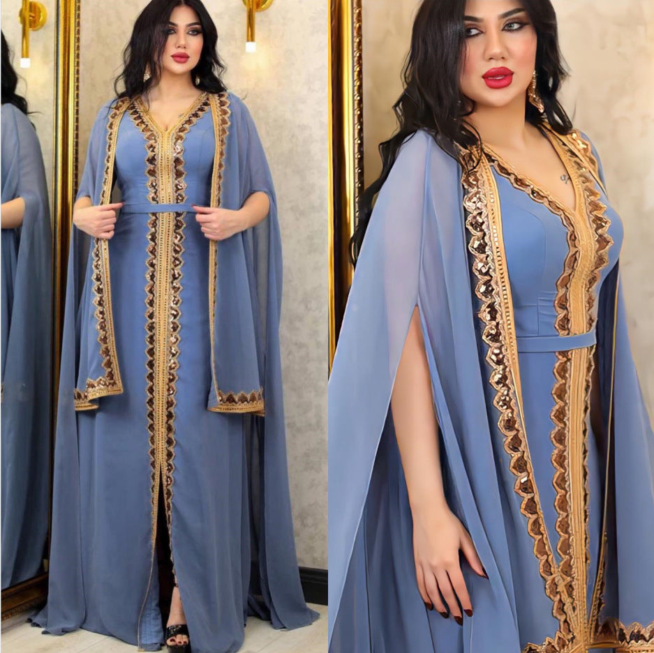 Middle East Muslim Women’s Wear Sequined Gown Suit Dress Cape Robe - 2153 Blue / M