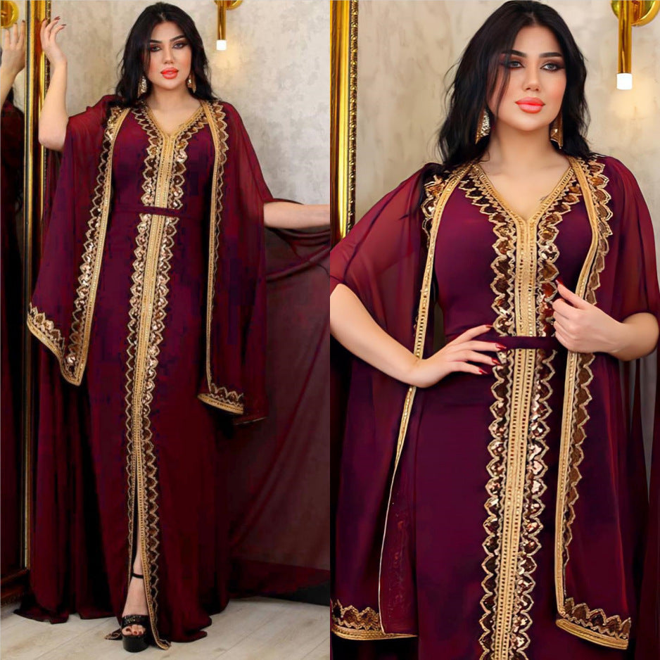 Middle East Muslim Women’s Wear Sequined Gown Suit Dress Cape Robe - 2153 Wine Red / M