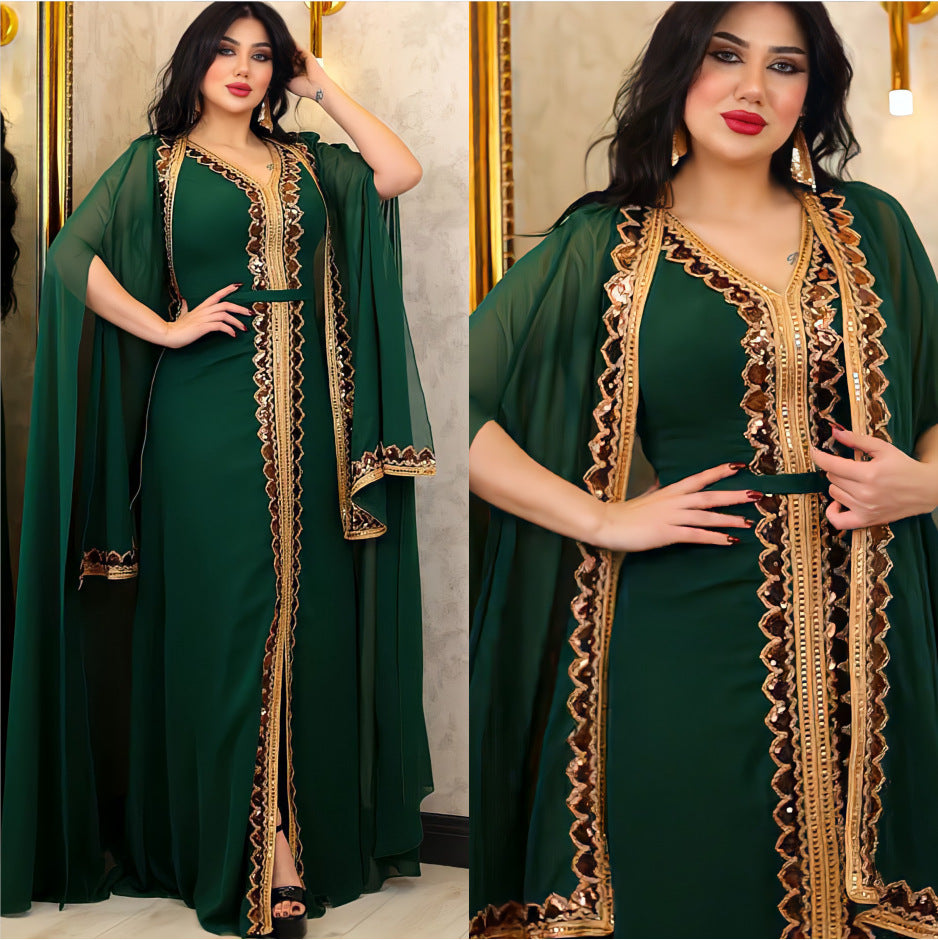 Middle East Muslim Women’s Wear Sequined Gown Suit Dress Cape Robe