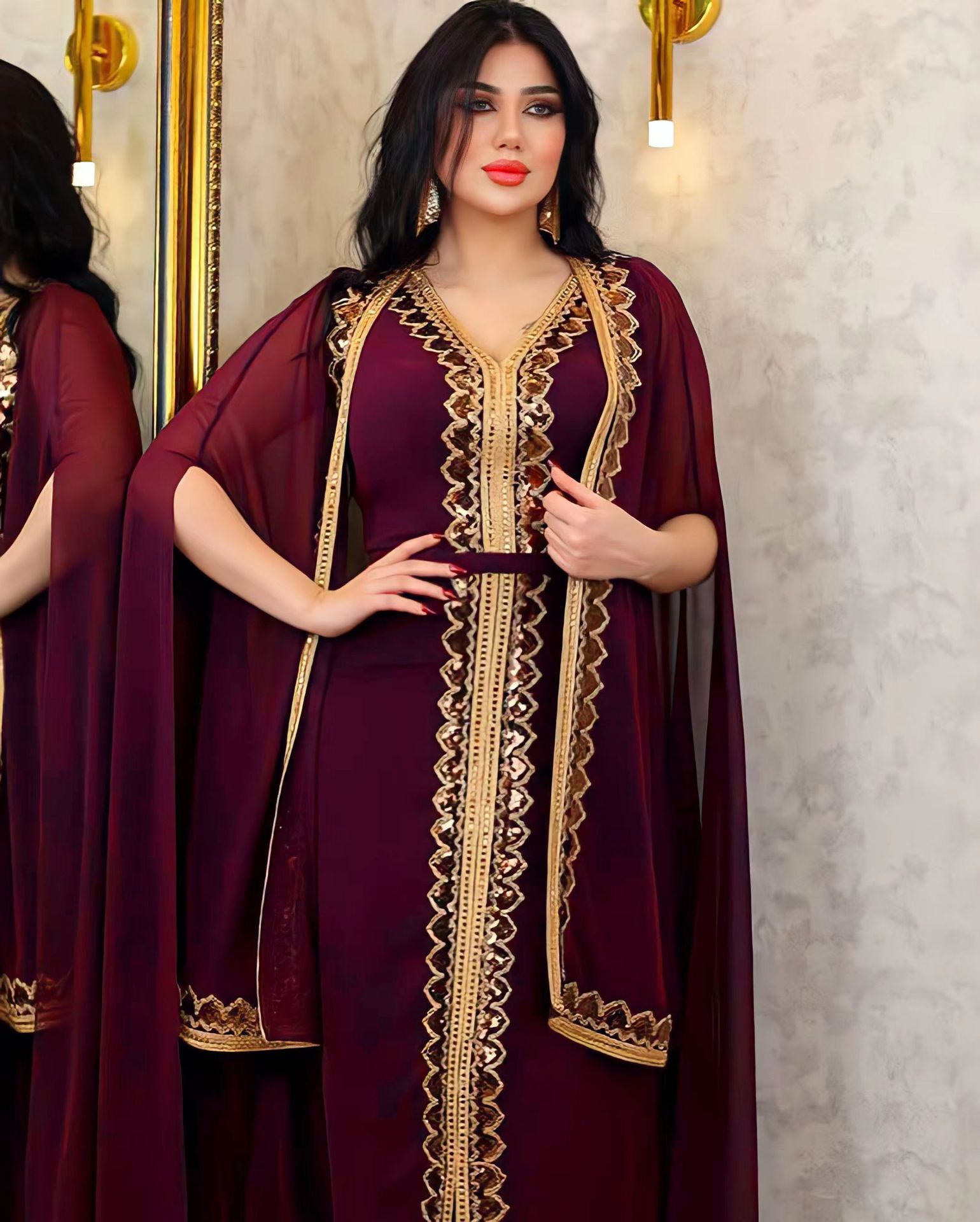 Middle East Muslim Women’s Wear Sequined Gown Suit Dress Cape Robe