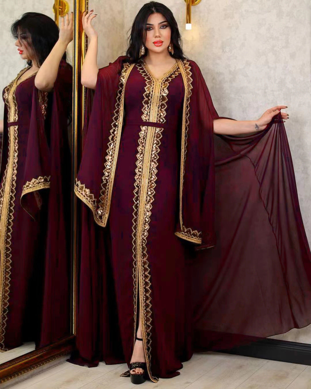 Middle East Muslim Women’s Wear Sequined Gown Suit Dress Cape Robe
