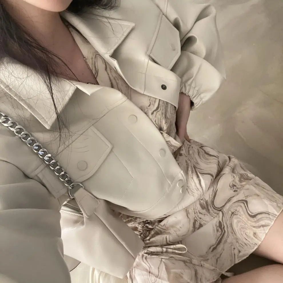 Chic Lapel Double Pocket Leather Top Leather Coat