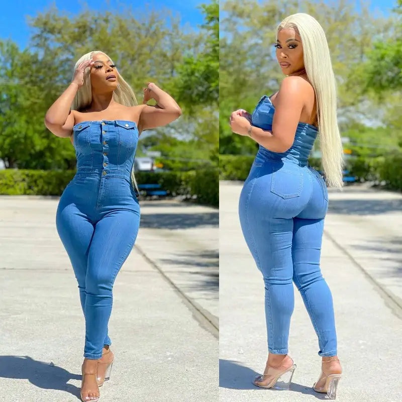 Tube Top Off-shoulder Slim Fit Denim Jumpsuit