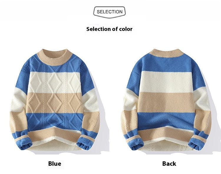 Men’s Casual Round Neck Sweater Contrast Color Knitwear Top